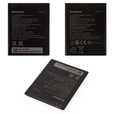Battery BL243 compatible with Lenovo K3 Note K50 T5 , Li ion, 3.8 V, 3000 mAh, Original PRC  