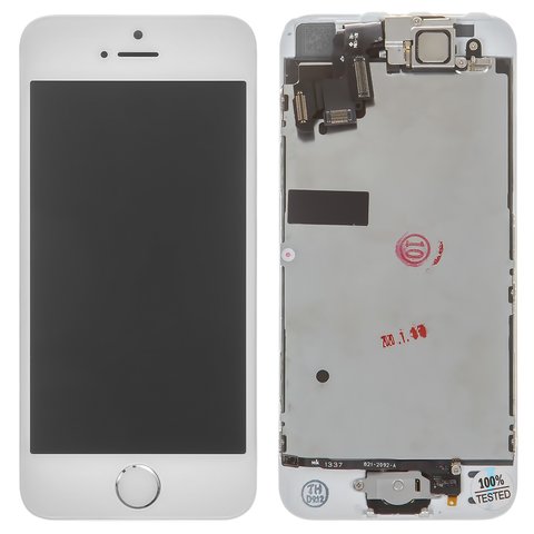 LCD compatible with Apple iPhone 5S, white, with frame, AAA, Tianma, with speaker, with HOME button flat cable, with camera 