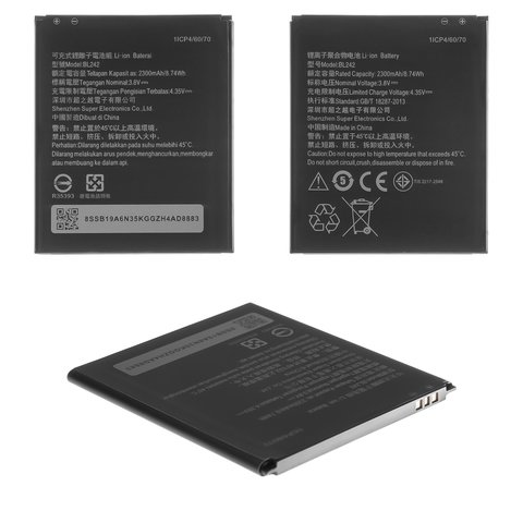 Batería BL242 puede usarse con Lenovo A6010, Li ion, 3.8 V, 2300 mAh, High Copy, sin logotipo
