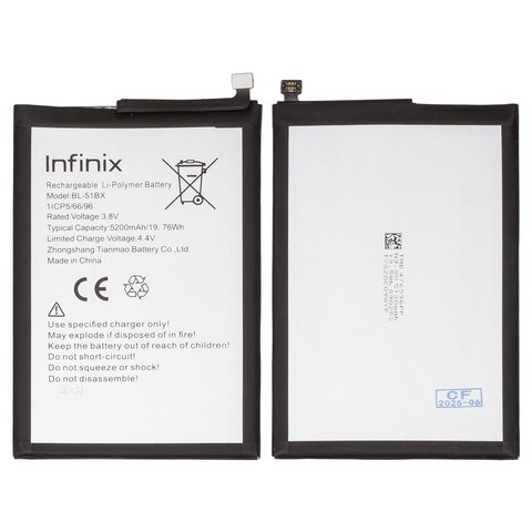 Аккумулятор BL 51BX для Infinix Hot 10 X682 , Hot 11, Note 8 X692 , Note 8i X683 , Li Polymer, 3,8 В, 5200 мАч, Original PRC 