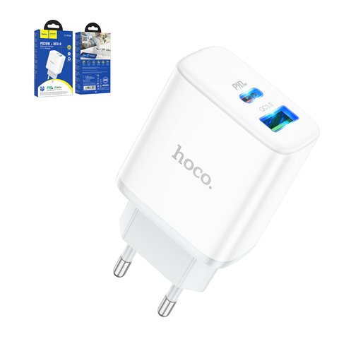 Adaptador de red Hoco C105A, 20 W, Power Delivery PD , blanco, 2 puertos, #6931474782946