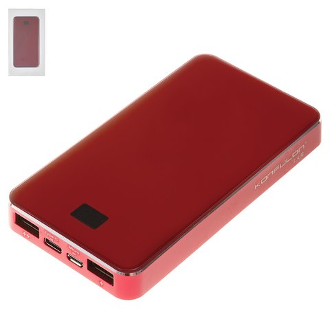 Power bank Konfulon P10, 10000 мАч, USB тип C вход 5В 2А, micro USB тип B вход 5V 2A, 2 USB выходы 5 V 2,1 A, 131 × 68 × 14 мм, красный