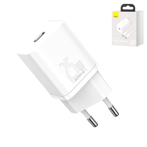Мережевий зарядний пристрій Baseus Super Si, 25 Вт, Quick Charge, білий, з кабелем USB тип C до USB тип C, 1 порт, #TZCCSUP L02