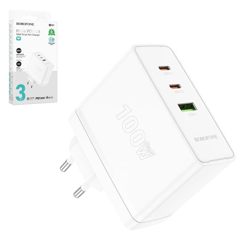 Сетевое зарядное устройство Borofone BN11, 100 Вт, Quick Charge, Power Delivery PD , белый, 3 порта, GaN, #6941991103773